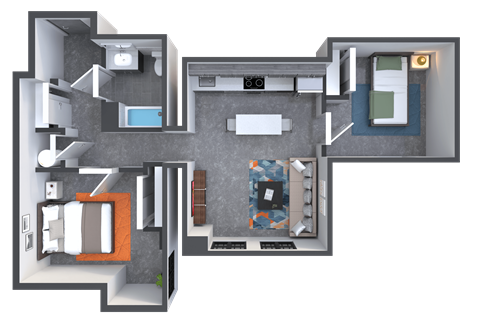 Floor plan for 2 beds, 1 bath, 766 sqft